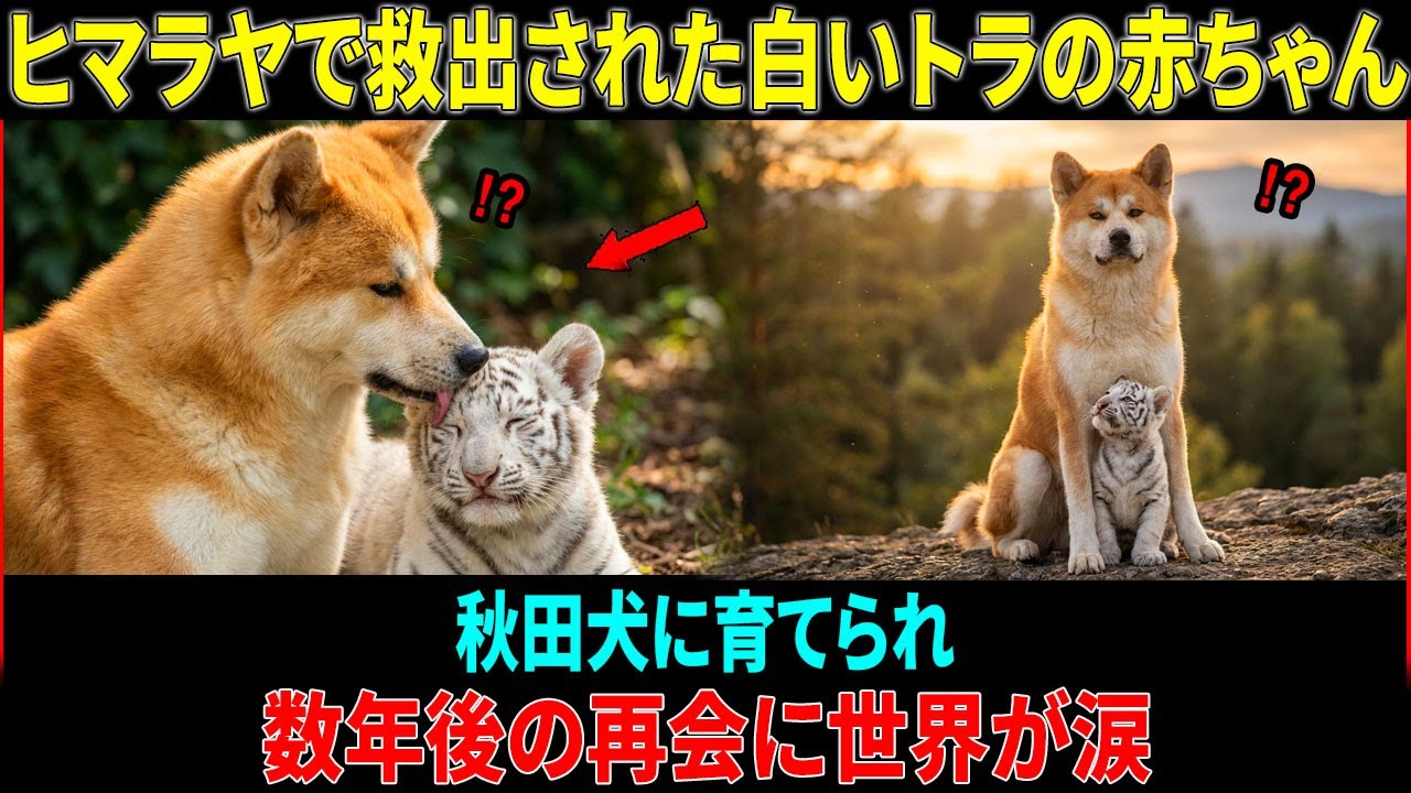 【海外の反応】ヒマラヤで救出された白いシベリアトラの赤ちゃんが、秋田犬に育てられている。 