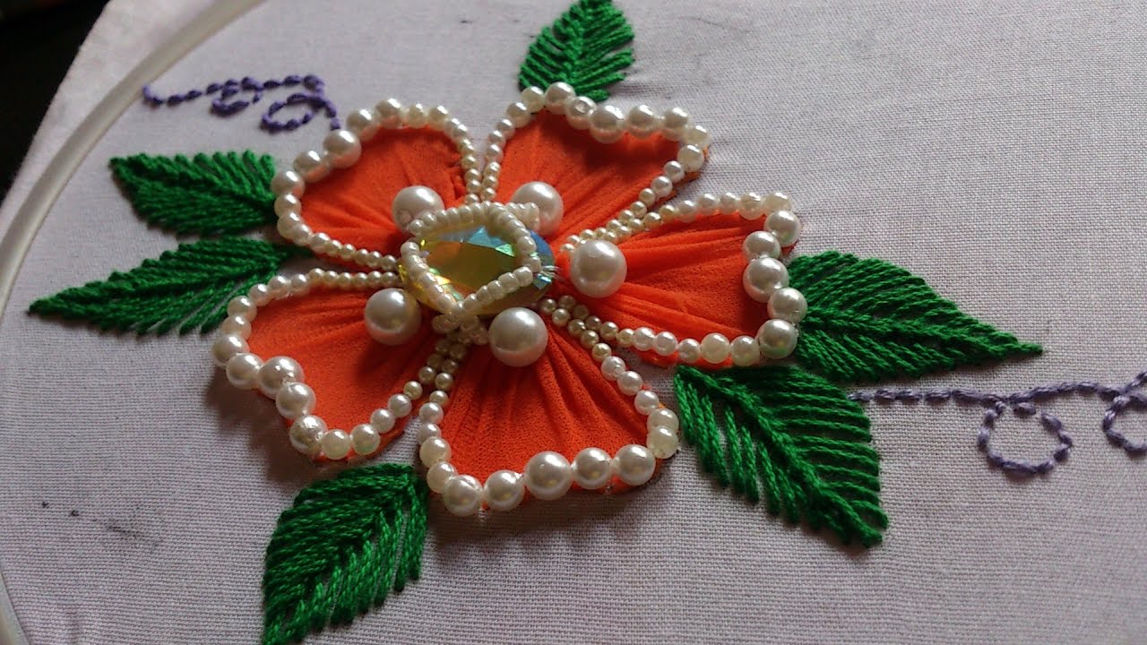 Hand embroidery/ Flower stitch design with stocking cloth/ Beads work.