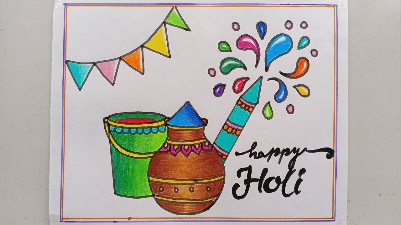 Holi Festival Drawing Easy।Happy Holi Poster Drawing for Beginners।Beautiful Happy Holi Drawing