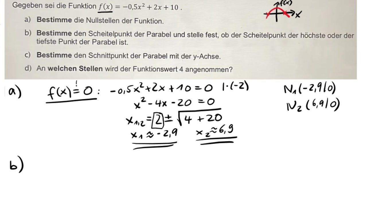 Quadratische Funktion: pq-Formel, Nullstellen, Scheitelpunkt und y-Achsenabschnitt bestimmen