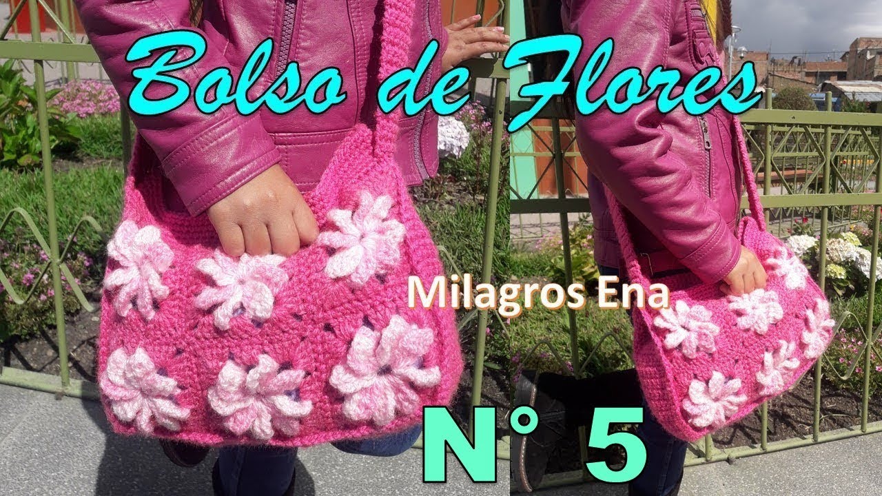 Bolso colgante N° 5  tejido a crochet con cuadrados de Flores paso a paso - MILAGROS ENA