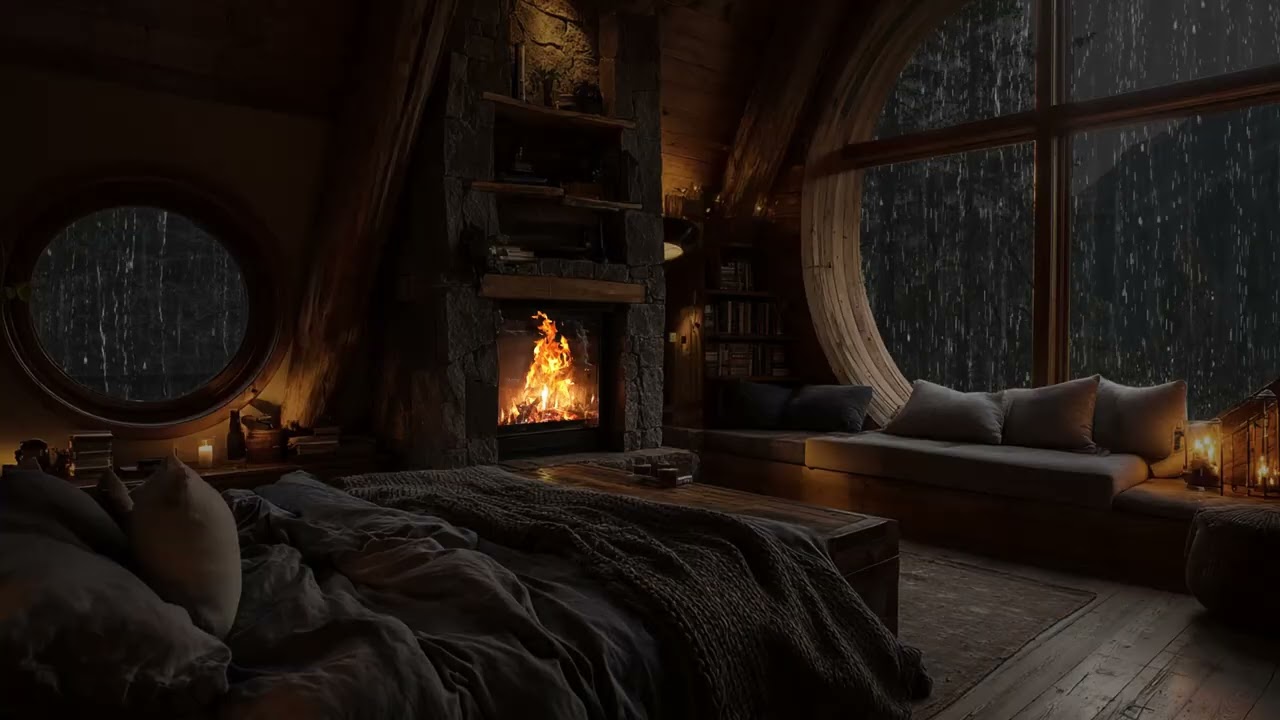 Forest Rainstorm with Fireplace Glow - Gentle Lightning & Crackling Wood for Peaceful Sleep & Calm