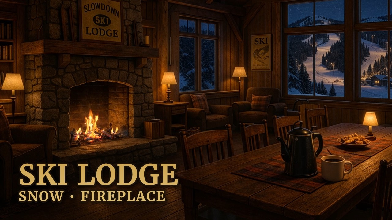 Inside the Slow-Down Ski Lodge | Cozy Winter Ambience with Fireplace & Falling Snow | 8 Hours