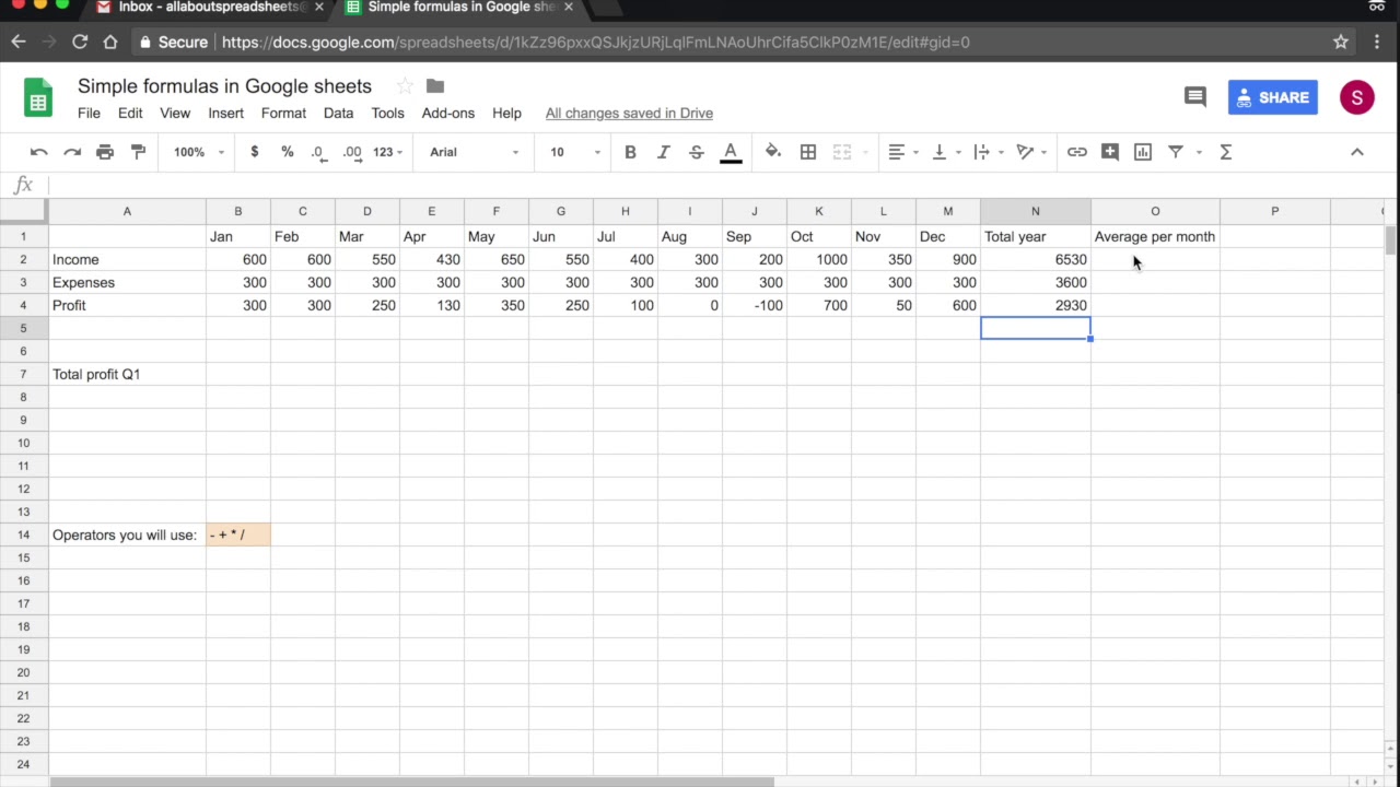 Sum and Average Functions in Google Sheets
