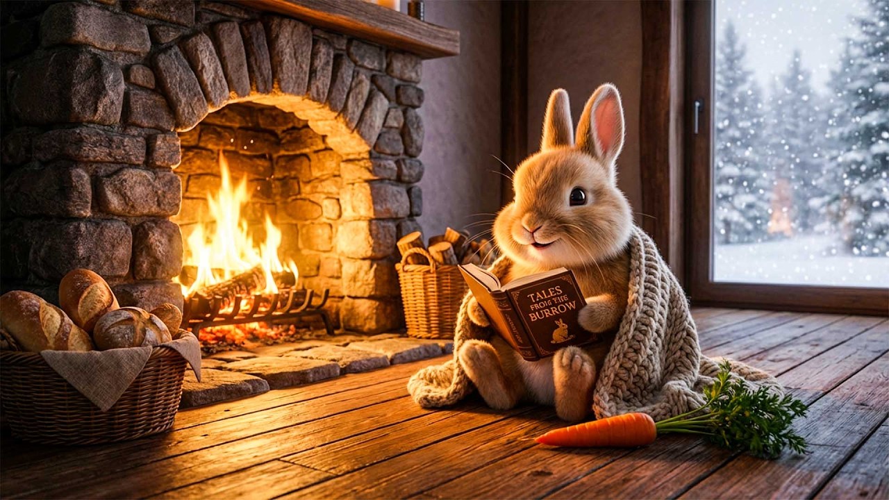 Bunny's Cozy Reading Time | Fireplace Glow, Soft Piano & Snowy Winter Sounds for Relaxation