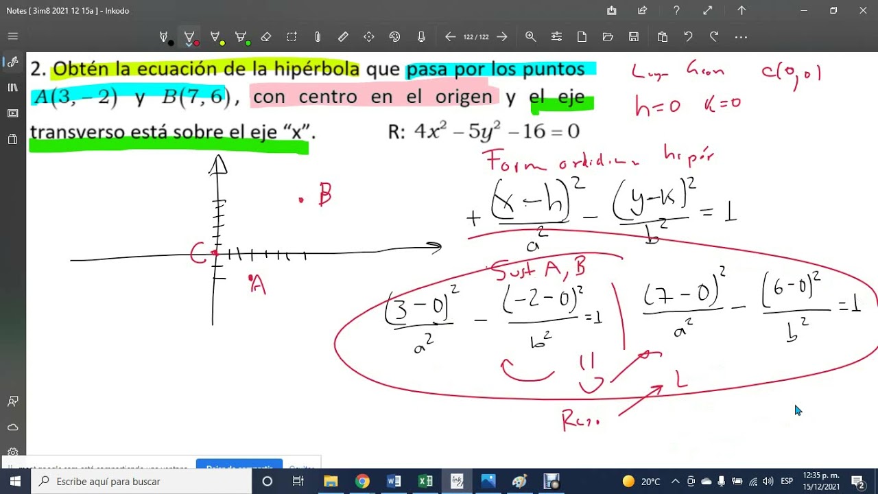 Cálculo de la ecuación de la hipérbola conociendo dos puntos de ella el centro y su dirección G 3im8