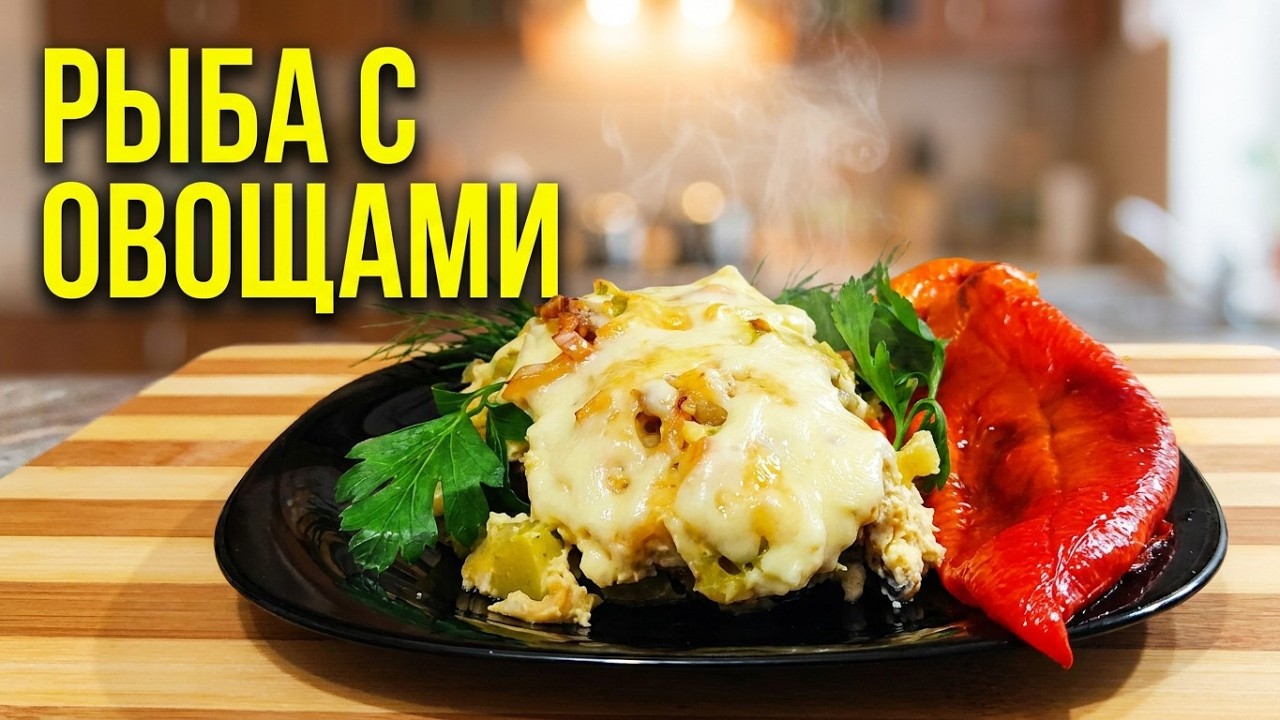Морская рыба (хек, минтай) с овощами под сыром и сметанно-яичной заливкой. И новичок справится!