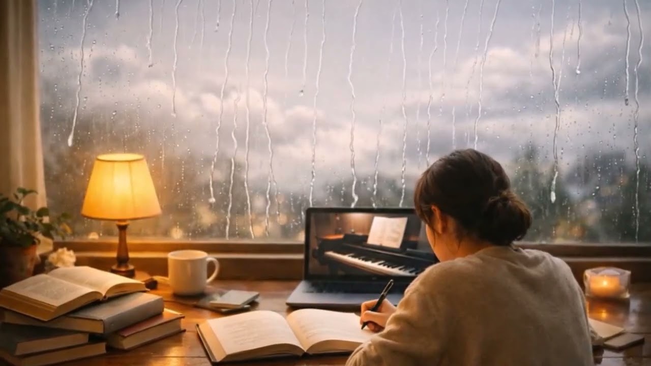 Study With Me on a Rainy Day ☁️ Cozy Desk + Soft Piano