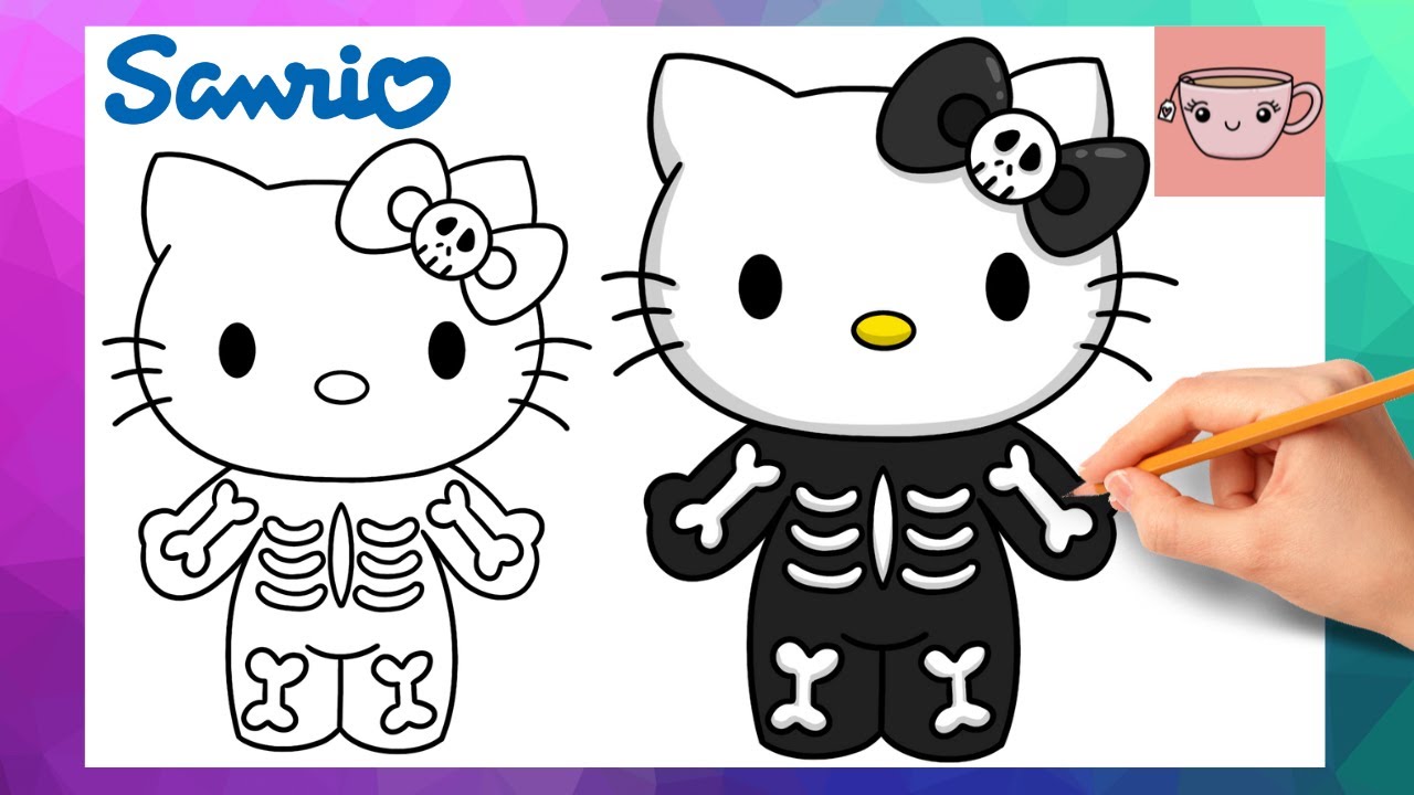 Как нарисовать скелет Hello Kitty | Хэллоуин | Милое и простое пошаговое руководство по рисованию