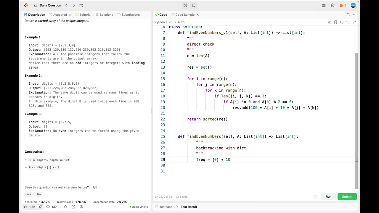 leetcode 2094  Finding 3 Digit Even Numbers | direct check, or backtracking
