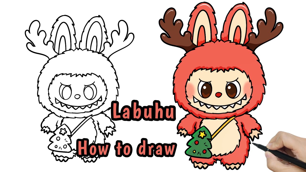 How to Draw Christmas Labubu as Santa Claus's reindeer Step by Step