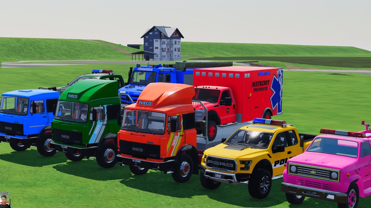 TRANSPORTING POLICE CARS, AMBULANCE, FIRE TRUCK, COLORFUL CARS WITH TRUCK GAME FARMING SIMULATOR 22