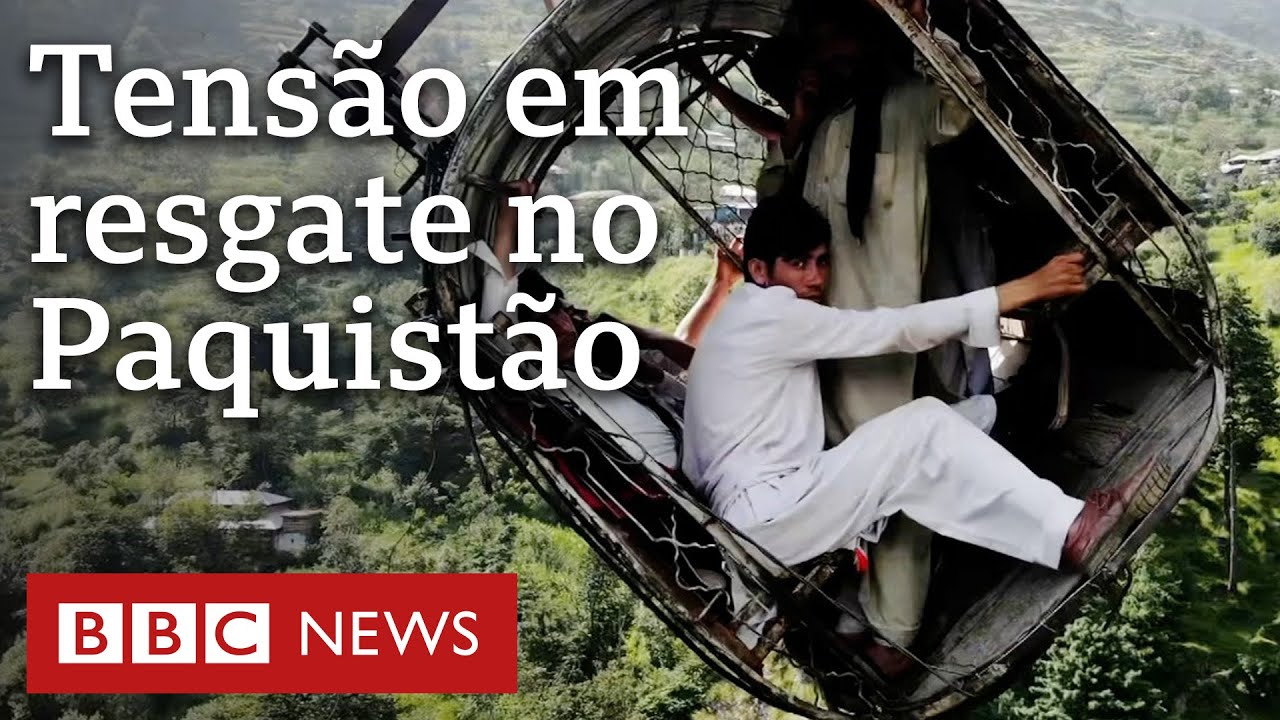 Drone filma grupo preso em teleférico sobre precipício no Paquistão