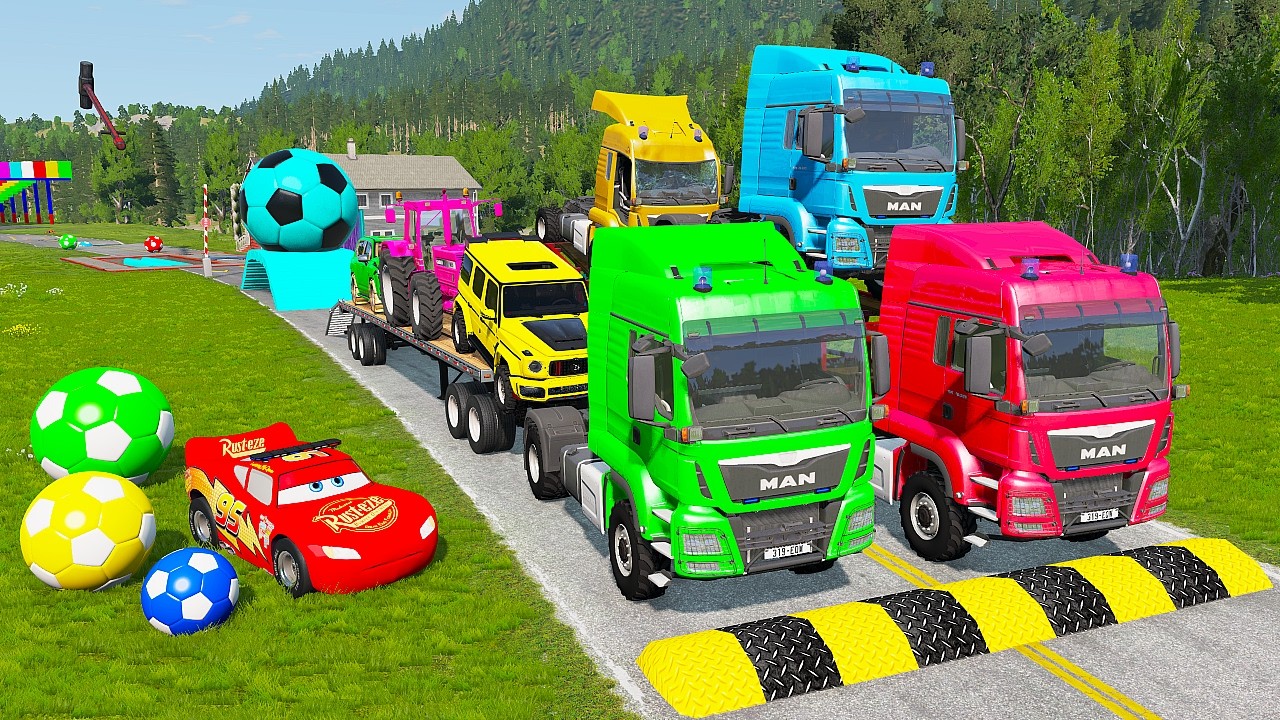 Flatbed Trailer McQueen Transportation with Truck - Speedbumps vs Cars vs Train - BeamNG.Drive #6