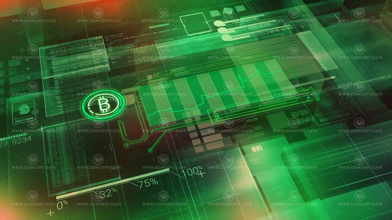 Animated cyberspace with abstract infographic of Bitcoin price growth.
