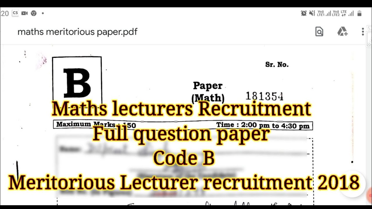 Meritorious schools lecturers recruitment 2018 Maths lecturer full question paper code B