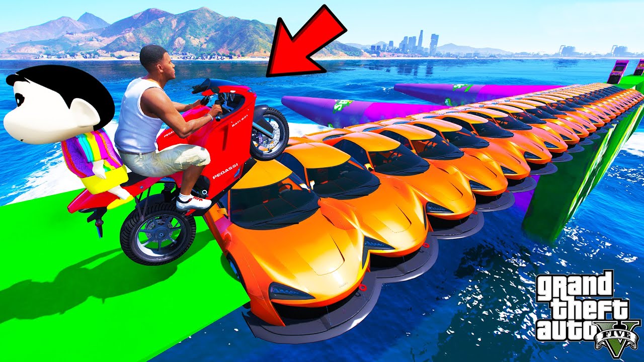 FRANKLIN TRIED SUPERCARS BRIDGE PARKOUR RAMP CHALLENGE GTA 5 | SHINCHAN and CHOP