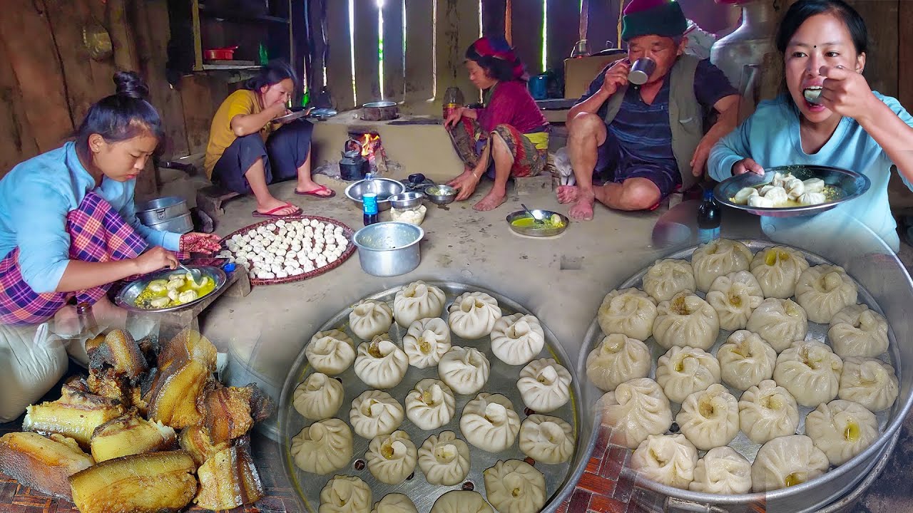 Home made pork momo Cooking & Eating in village kitchen with family || momos recipe 