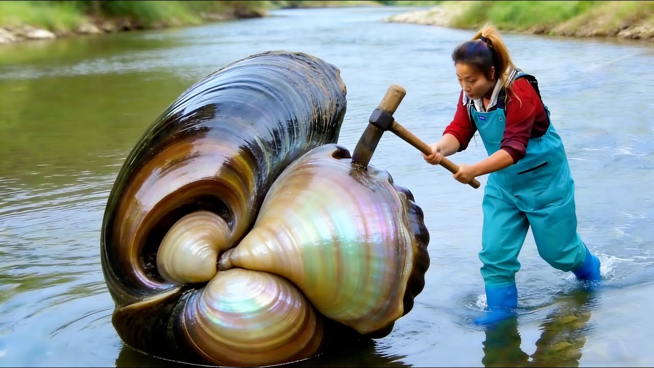 The girl fought against the deformed river clam and harvested a beautiful treasure