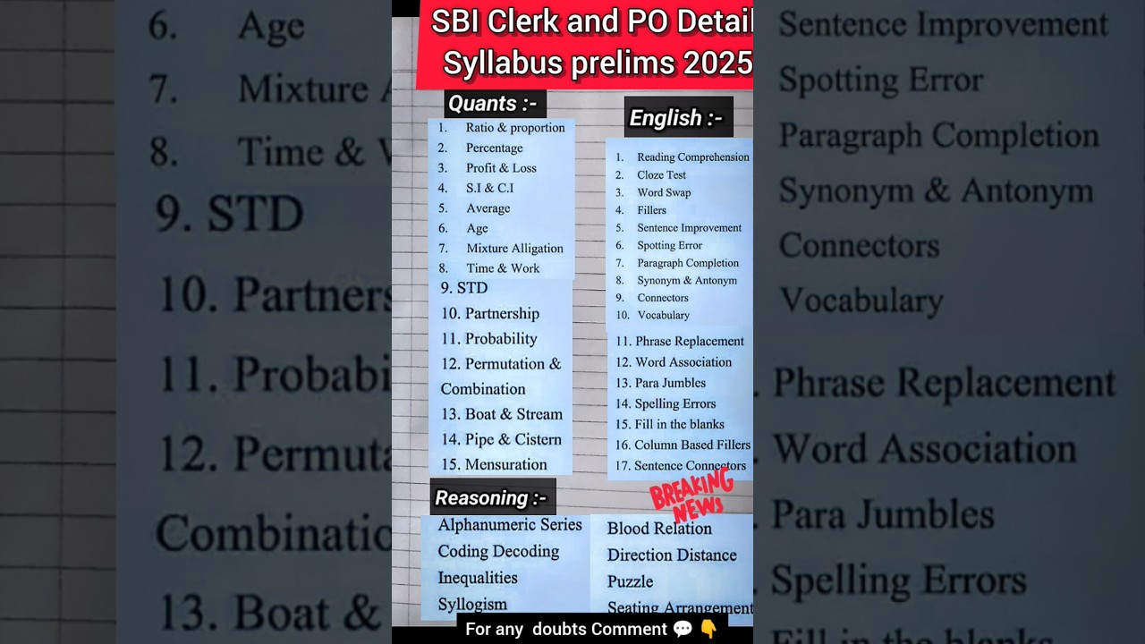 Sbi po syllabus 2025 | sbi clerk syllabus 2025  #sbireasoningsyllabus #sbienglishsyllabus #sbiprelim