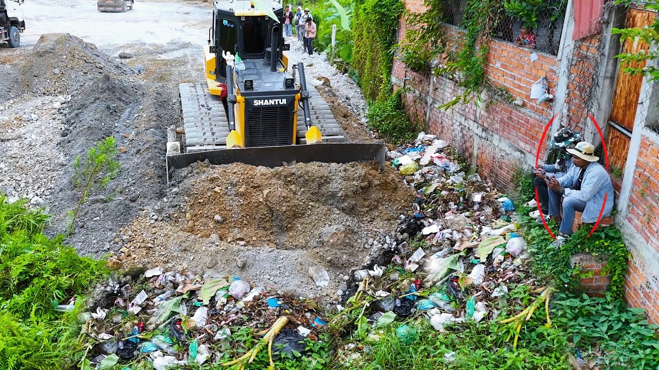 OMG! Powerful! Shantui Dozer Clearing Massive Garbage Zone While People Using Drone Nearby