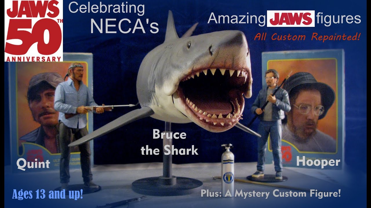 NECA's Amazing JAWS 50th Anniversary Figures Quint, Hooper and The Shark with Mystery Custom Figure!