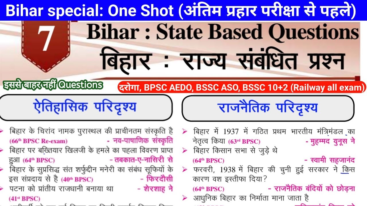 Bihar special: One Shot (बिहार संबंधित प्रश्न) Bihar special one liner questions all exam #ekniyam