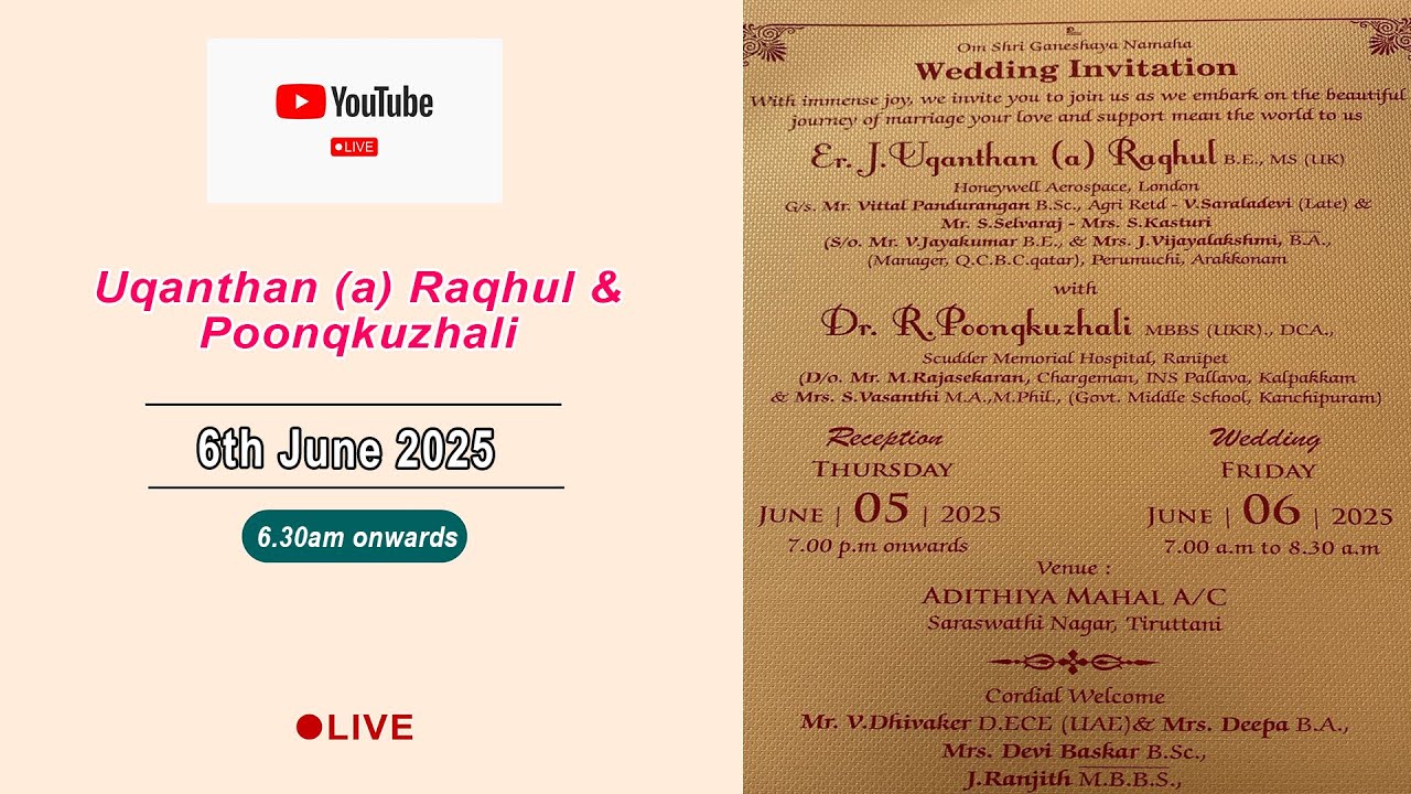 Uqanthan (a) Raqhul &Poonqkuzhali, Wedding Live Streaming, Date: 6th June 2025, Time: 6.30am