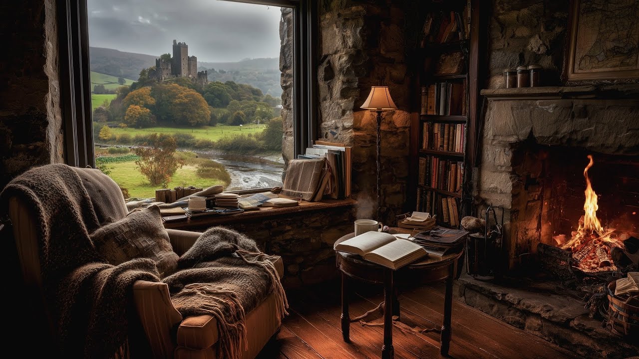 Vintage Jazz in a Cozy Castle Library 🏰 Fireplace Ambience for Relaxing, Reading, Deep Work