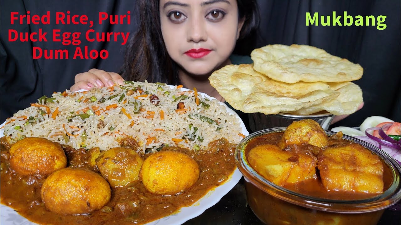 ASMR EATING SHOW- Fried Rice, Puri, Duck Egg Curry, Dum alu || Mukbang || Big Bites ||