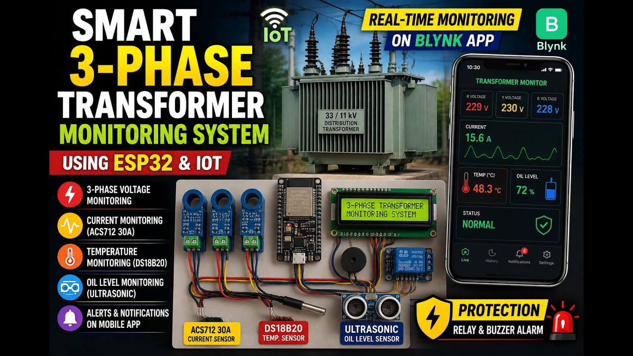 3 Phase Transformer Monitoring System using ESP32 | IoT Transformer Health Monitoring with Blynk