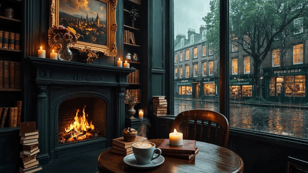 Rainy City Coffee Shop Ambience ☕ Dark & Cozy | Ambient Fire & Rain Sounds for Sleep or Focus