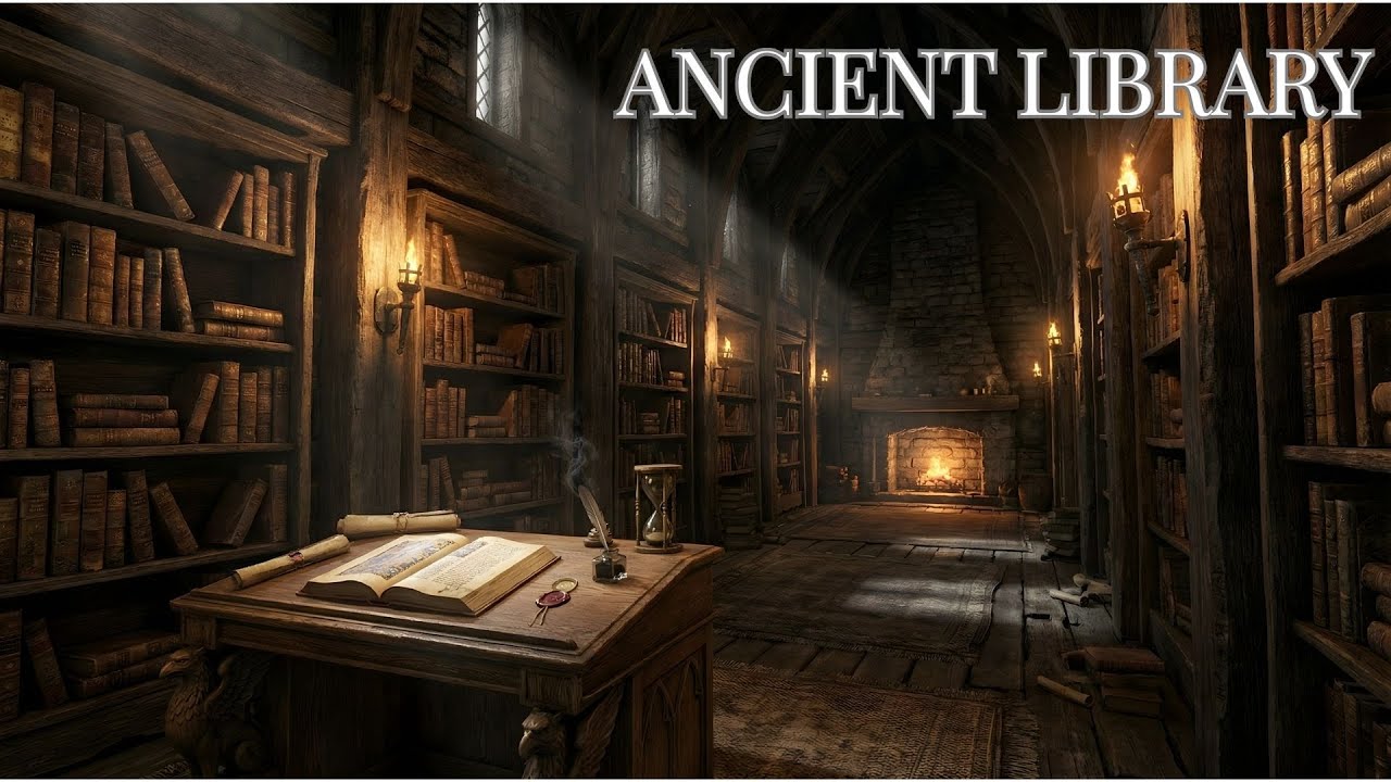Ancient Library Ambience 📚 Fireplace, Turning Pages & Deep Focus (1 Hour)