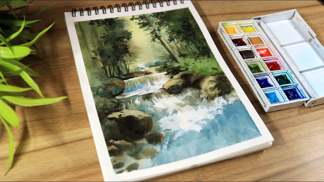 Watercolor painting of Rocks and Stream Waterfall Landscape Easy