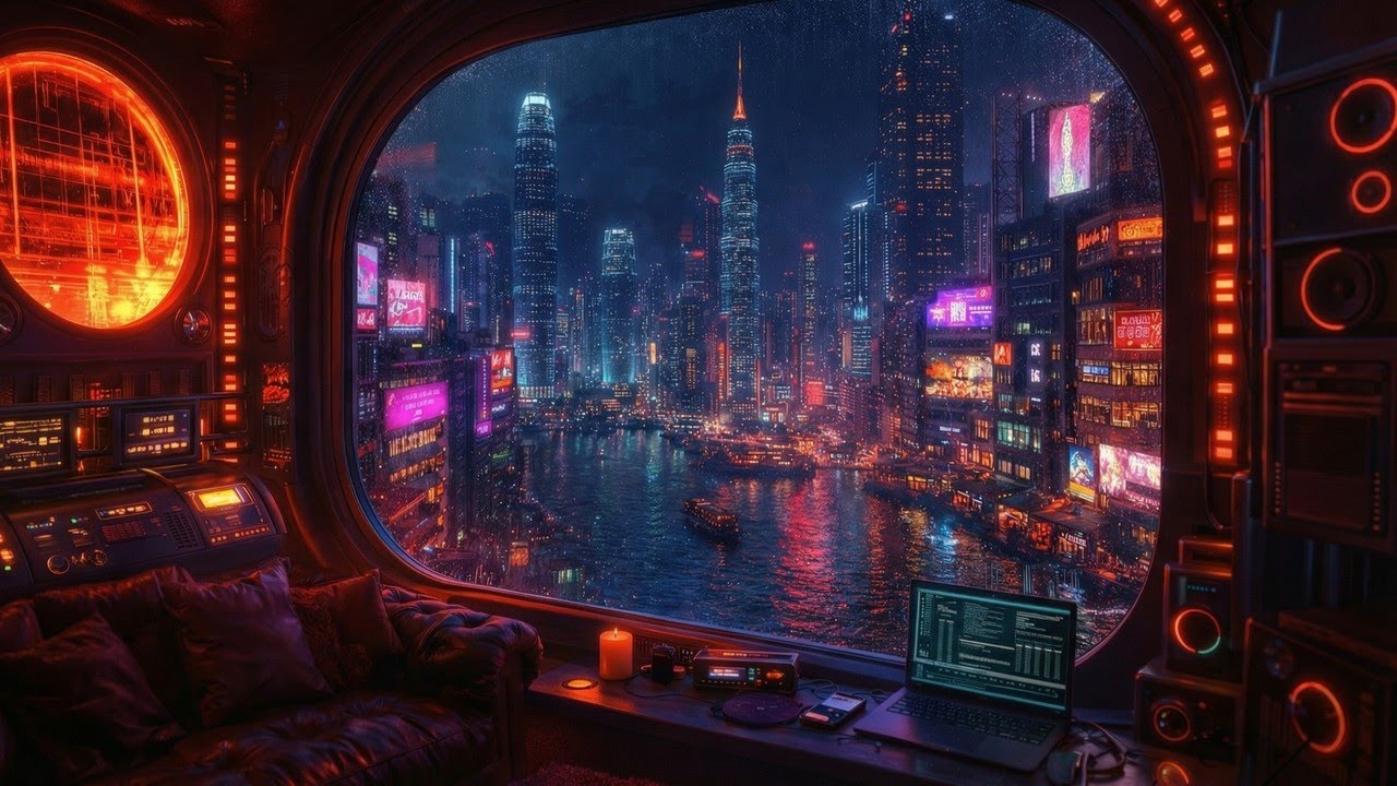 Raining in Neo-City 🔴 Red Neon Sci-Fi Room Ambience with Heavy Rain Sounds