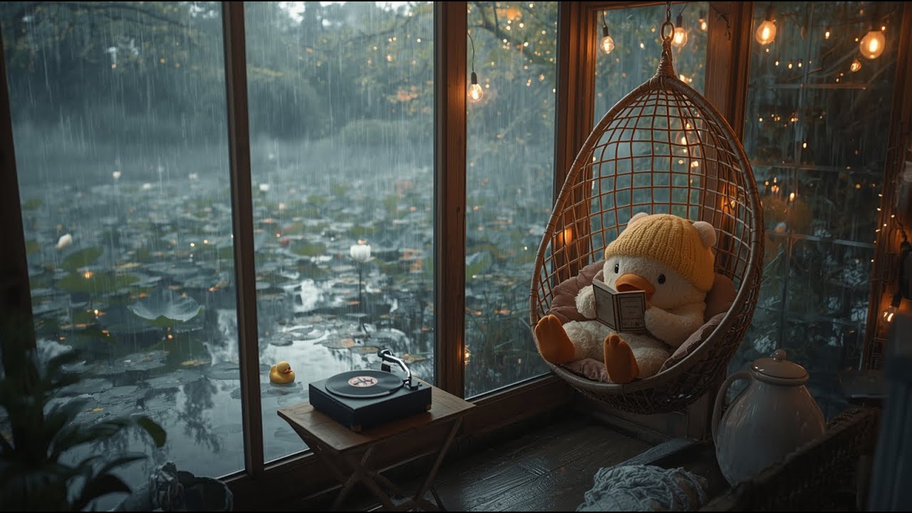 Cozy Rainy Lakeside Study Ambience | Cute Duck Reading in a Greenhouse | Lofi Rain Sounds for Focus