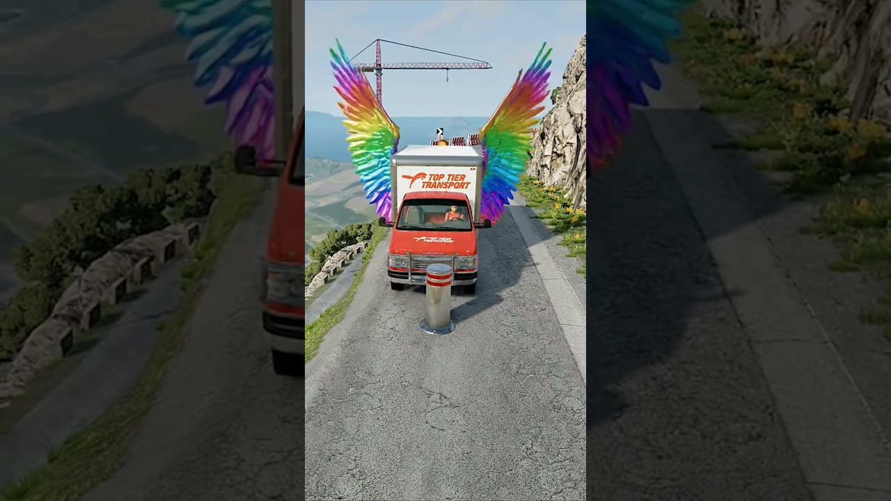 Cars & Ambulance Van vs Giant Pit Bollards Crash in the game BeamNG.drive