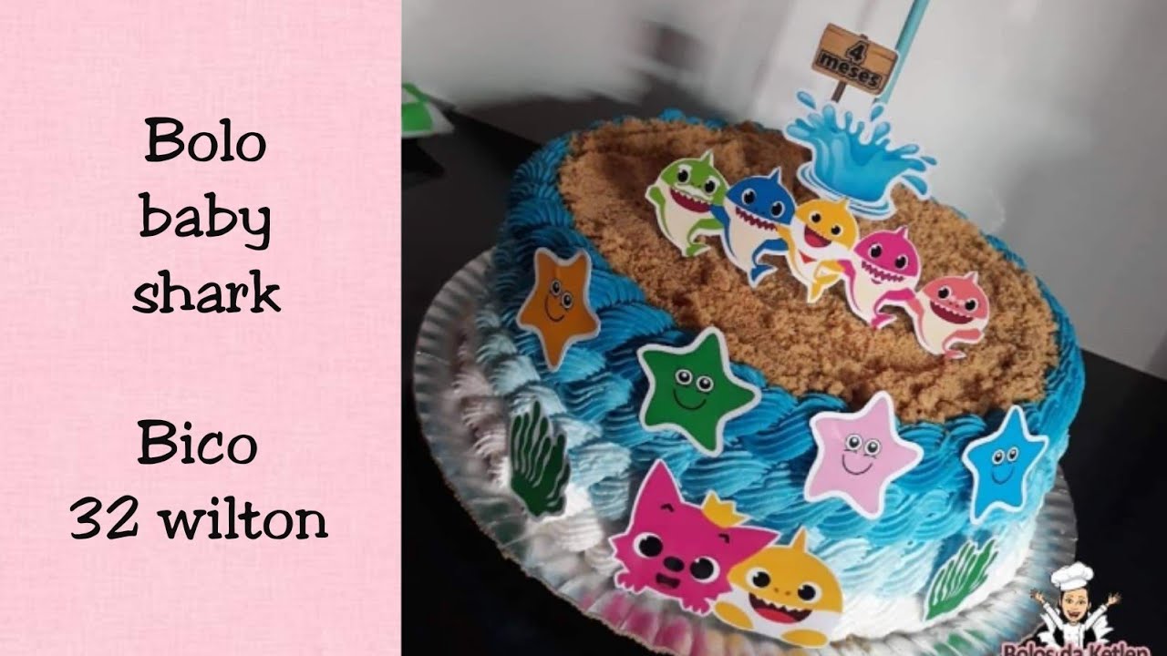 Bolo baby shark | Degradê azul | Efeito cordinha | Bico 32 wilton | Bolo mêsversario | Chantilly.