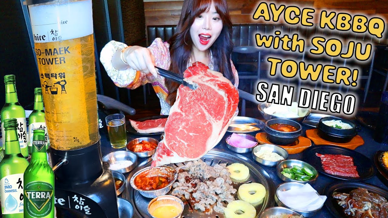 GIANT SOJU TOWER at AYCE KOREAN BBQ! Korean BBQ MUKBANG 먹방 at Kangnam Korean BBQ in San Diego, CA