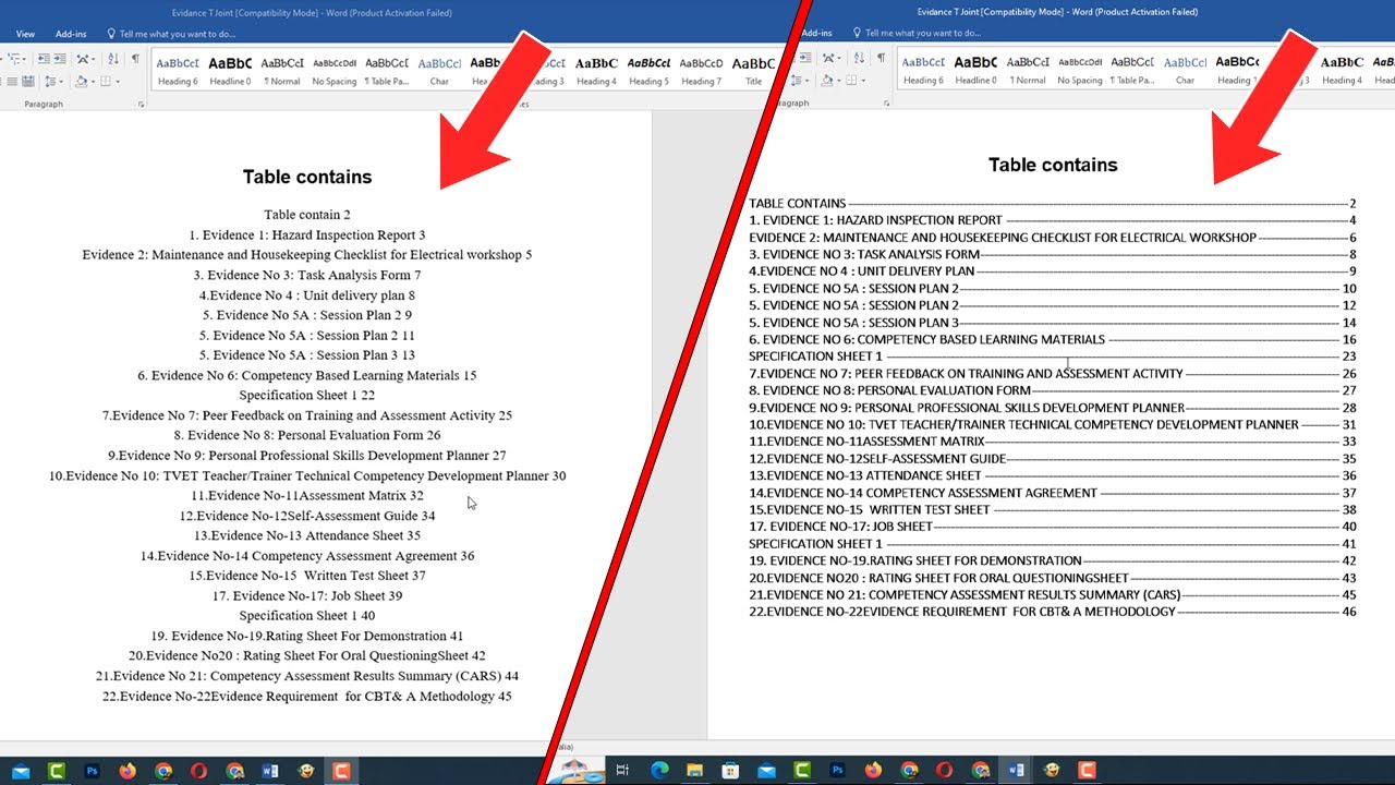 How to align page numbers in table of contents in word