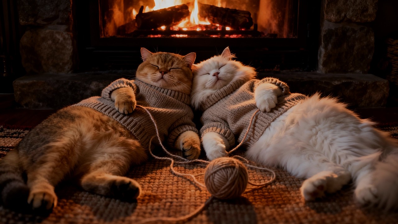 🔥 Two Purring Cats & Crackling Fireplace 😺 Relaxing ASMR for Deep Sleep (No Music)