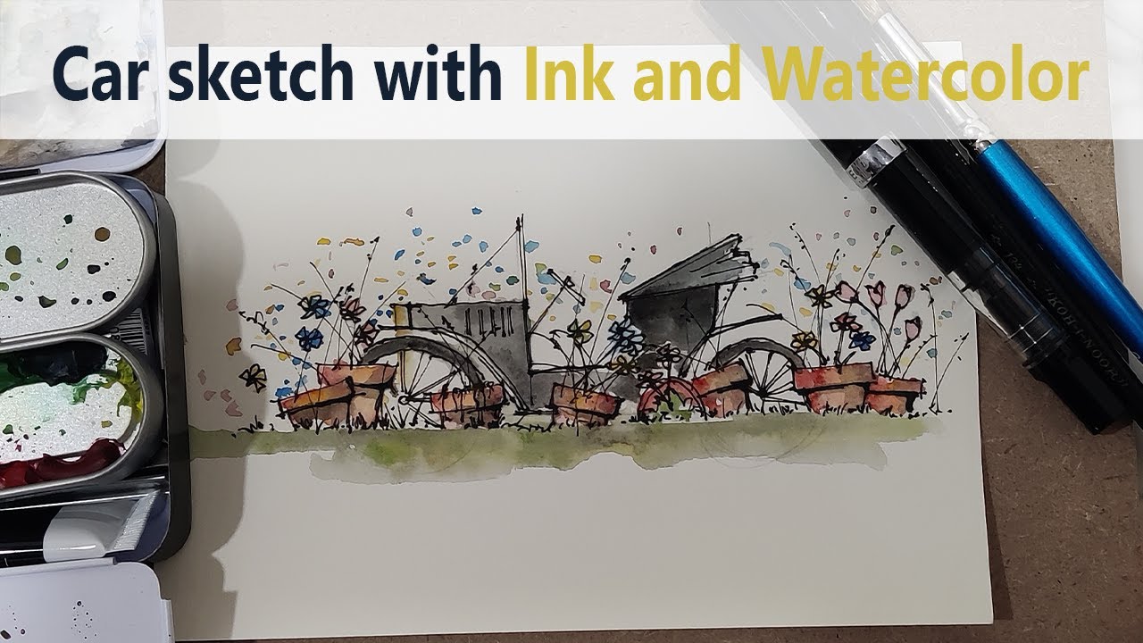 Car sketch with ink and watercolor