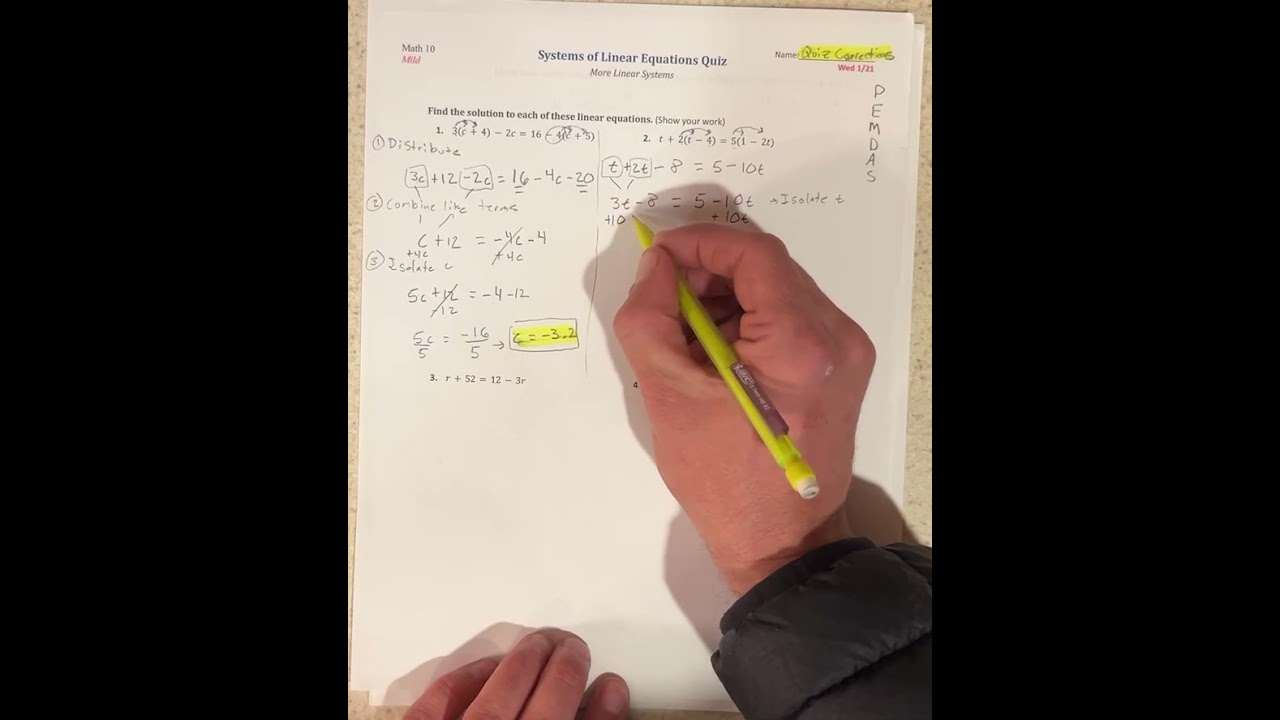 Systems of Equations Quiz Corrections 2026