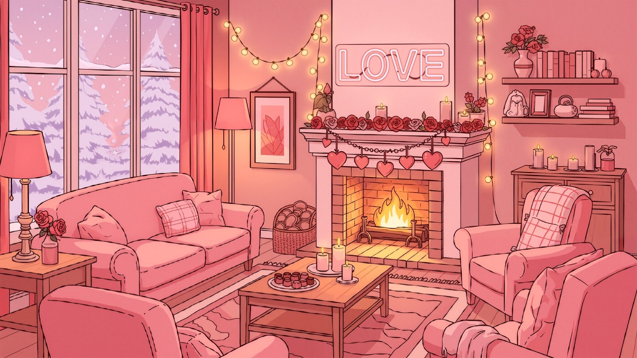 Pink Valentine’s Living Room 💗 Lofi Study Music by the Fireplace Cozy Winter Focus & Chill