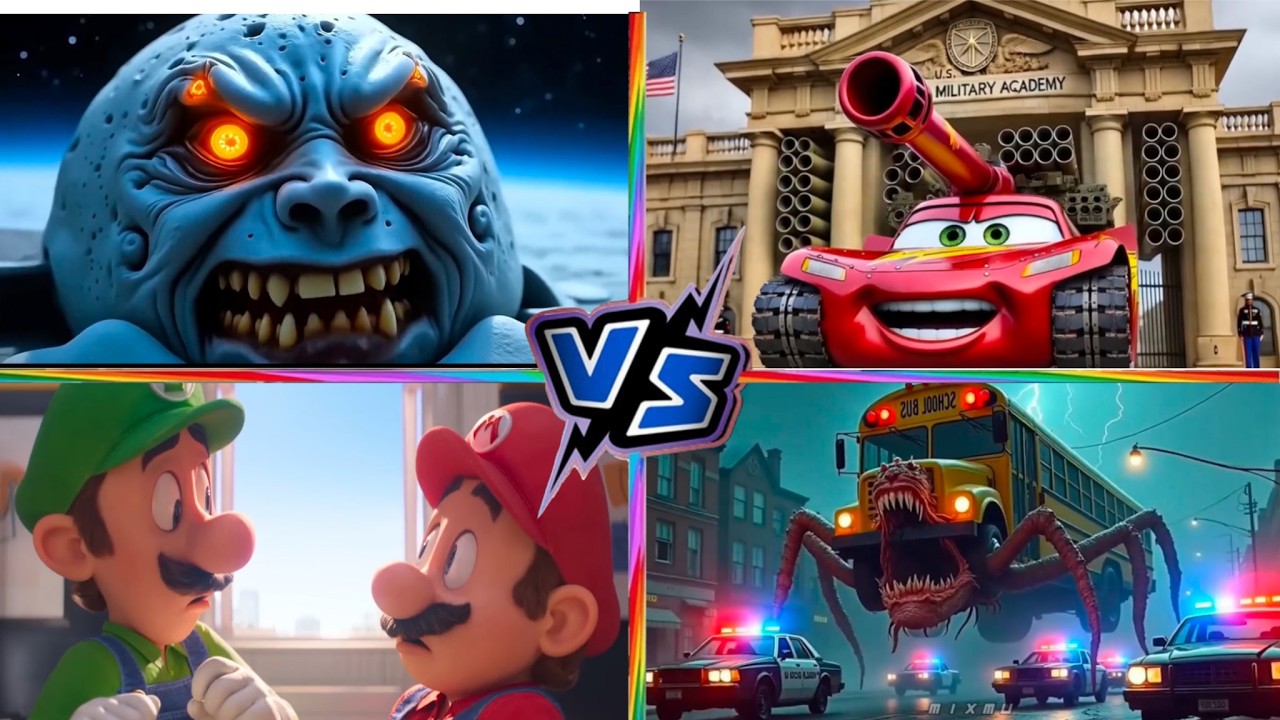 School Bus Monster VS McQueen Tank VS Super MARIO VS LUNAR MOON Tiles Hop EDM Rush 7