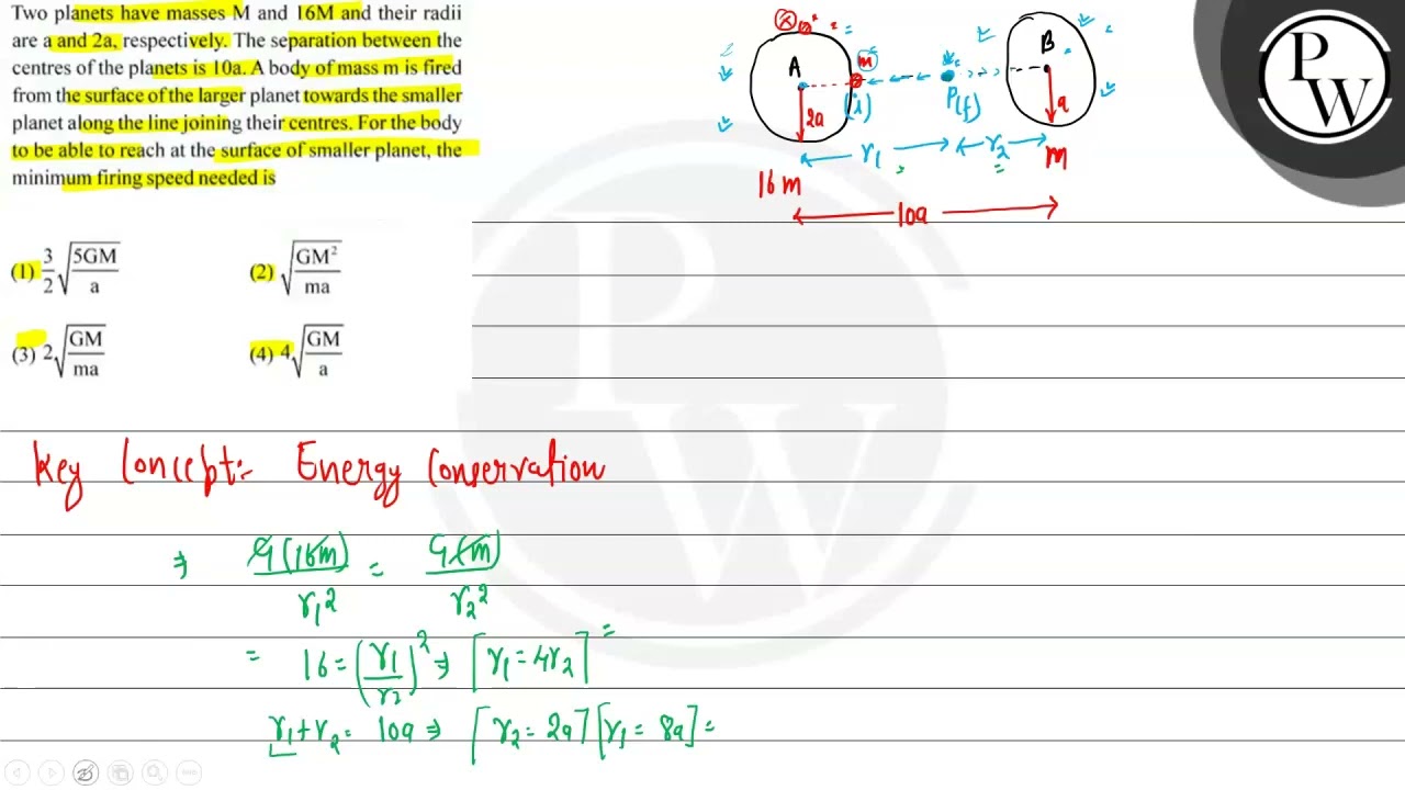 Two planets have masses \( M \) and \( 16 \mathrm{M} \) and their radii are \( a \) and \( 2 \ma...