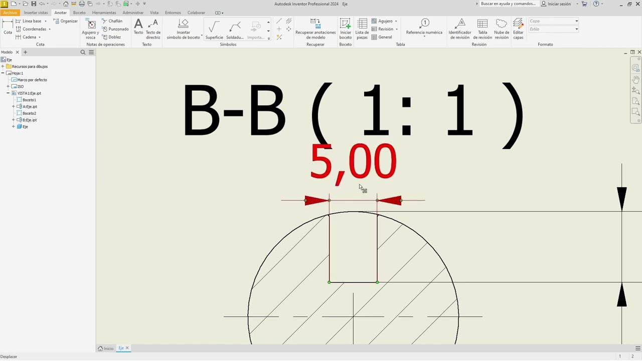 PLANO DE FABRICACION PARA INVENTOR CON VISTA DE DETALLE - EJE