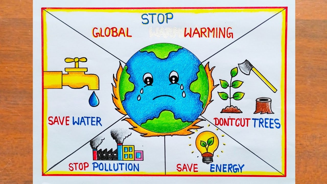 Global Warming Drawing / How to Draw Stop Global Warming Poster Easy Step By Step / Save Environment