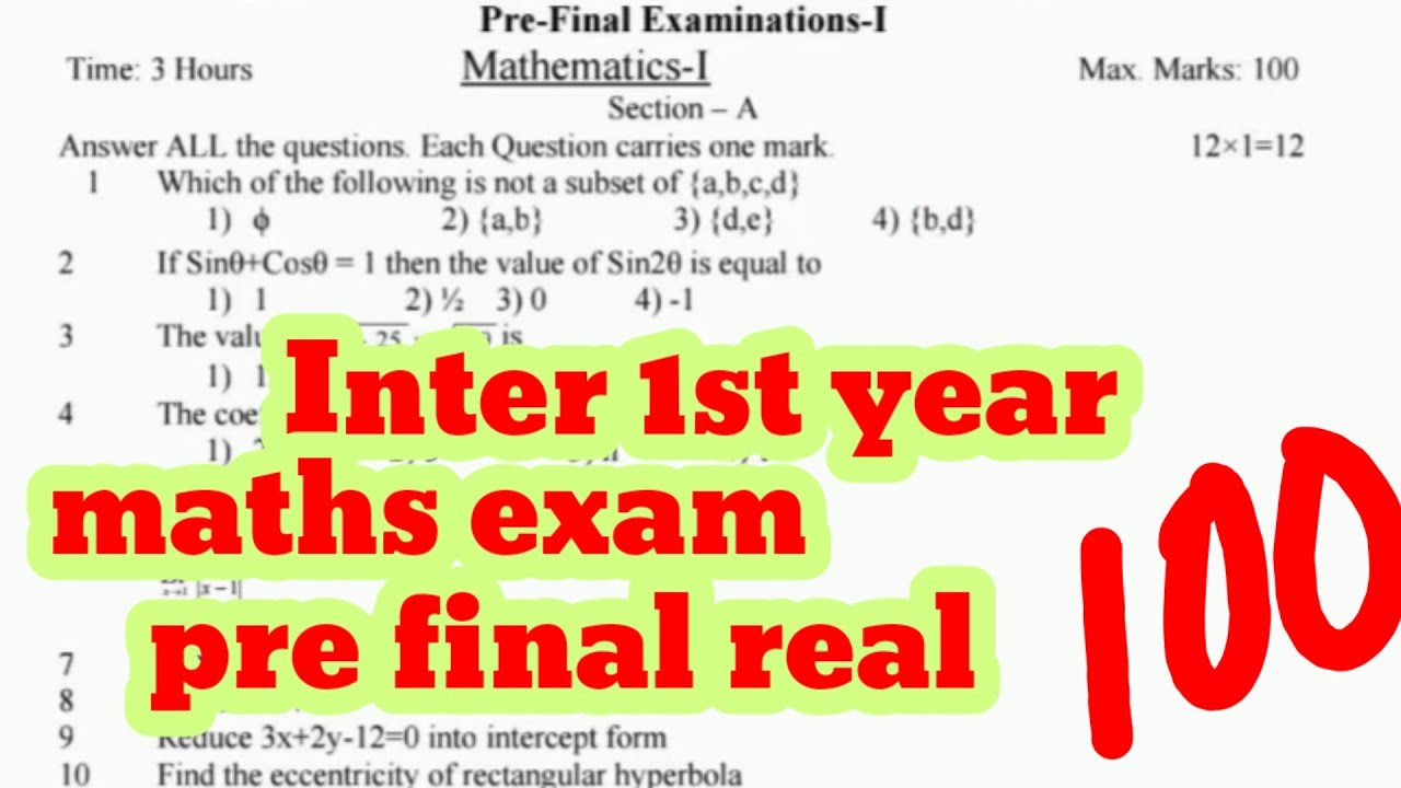 Inter 1st year mathematics pre final examination real question paper