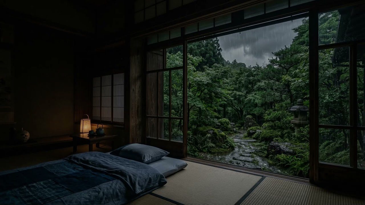 Quiet Rain 🌧️ Drifting Past Shoji Screens In A Traditional Japanese Tatami Room 🎋